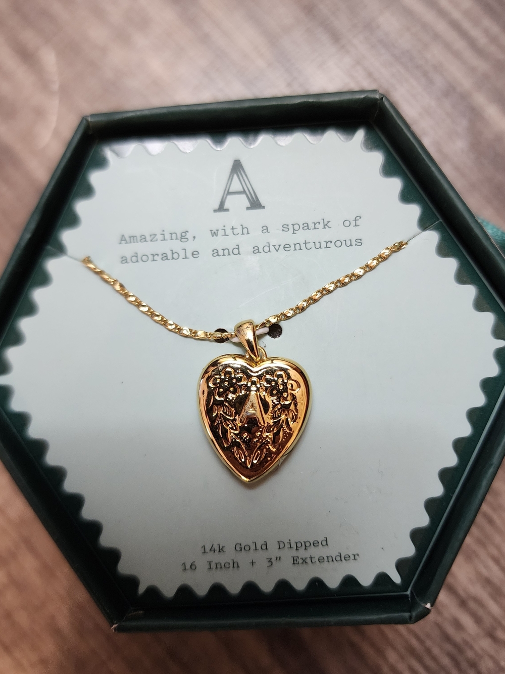 a new day Solid Gold Heart Necklace with Embossed Floral Detail "A"